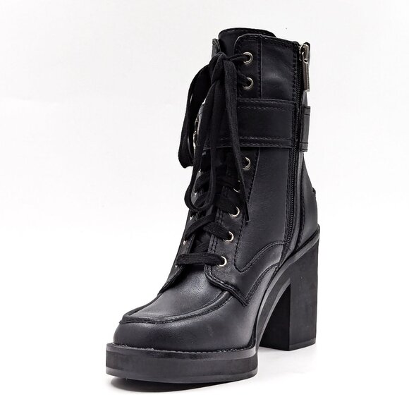 DKNY Women Dottie Black Leather Buckle Pearl Heel Combat boots size 7.5 - Picture 4 of 12